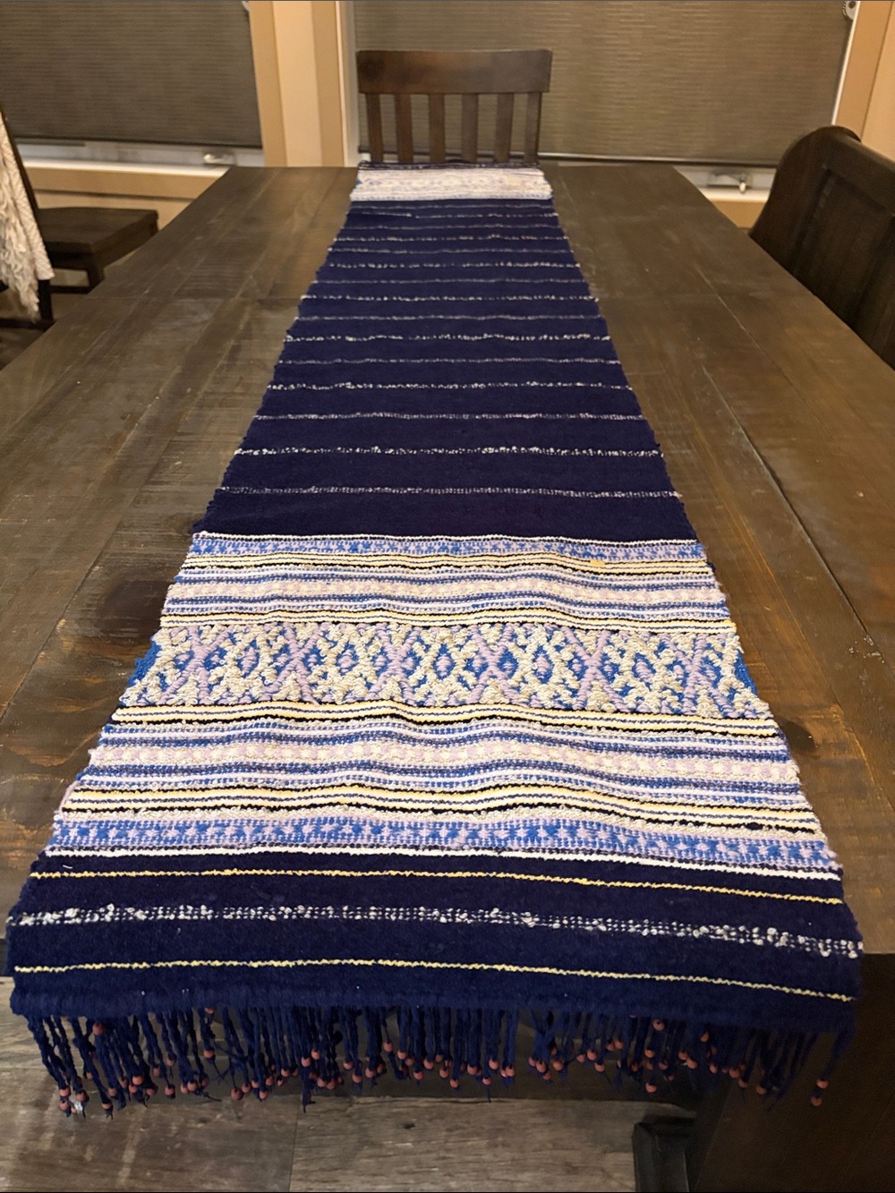 Boho Woven Table Runner Navy Blue Cream Geometric Pattern Beaded Fringe